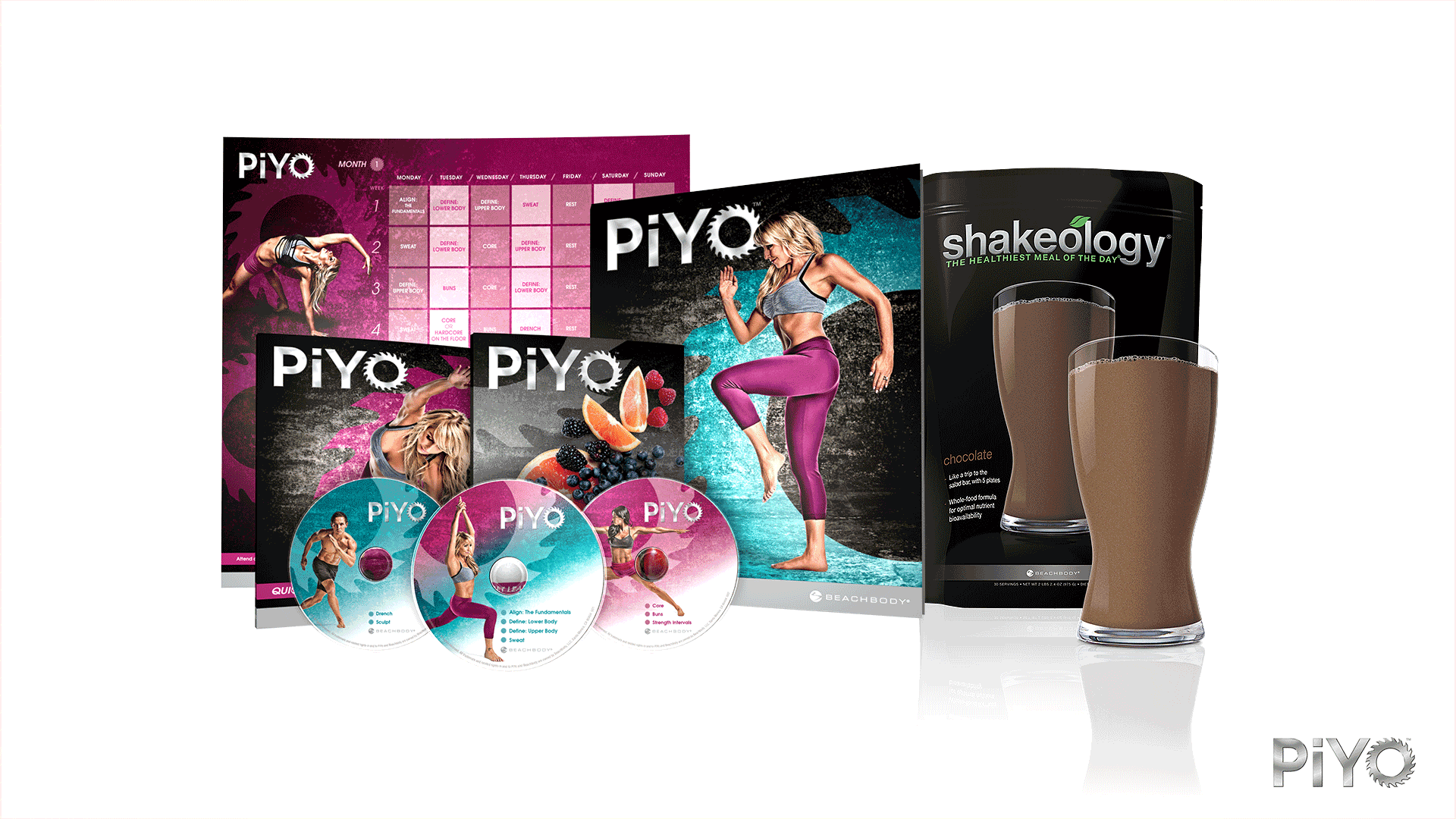 PiYo is a low-impact,high-intensity body transformation program that uses the most effective Pilates & Yoga inspired moves to sculpt long, lean muscles and burn fat. If you want a low-impact workout that doesn't require any equipment this is it. This program allows you to get your strength, flexibility and cardio all in each workout. In the base program 8 workouts on 3 DVD's are included ranging from 20-45 minutes each. This 60-day program will give you the physique that you've been waiting for.