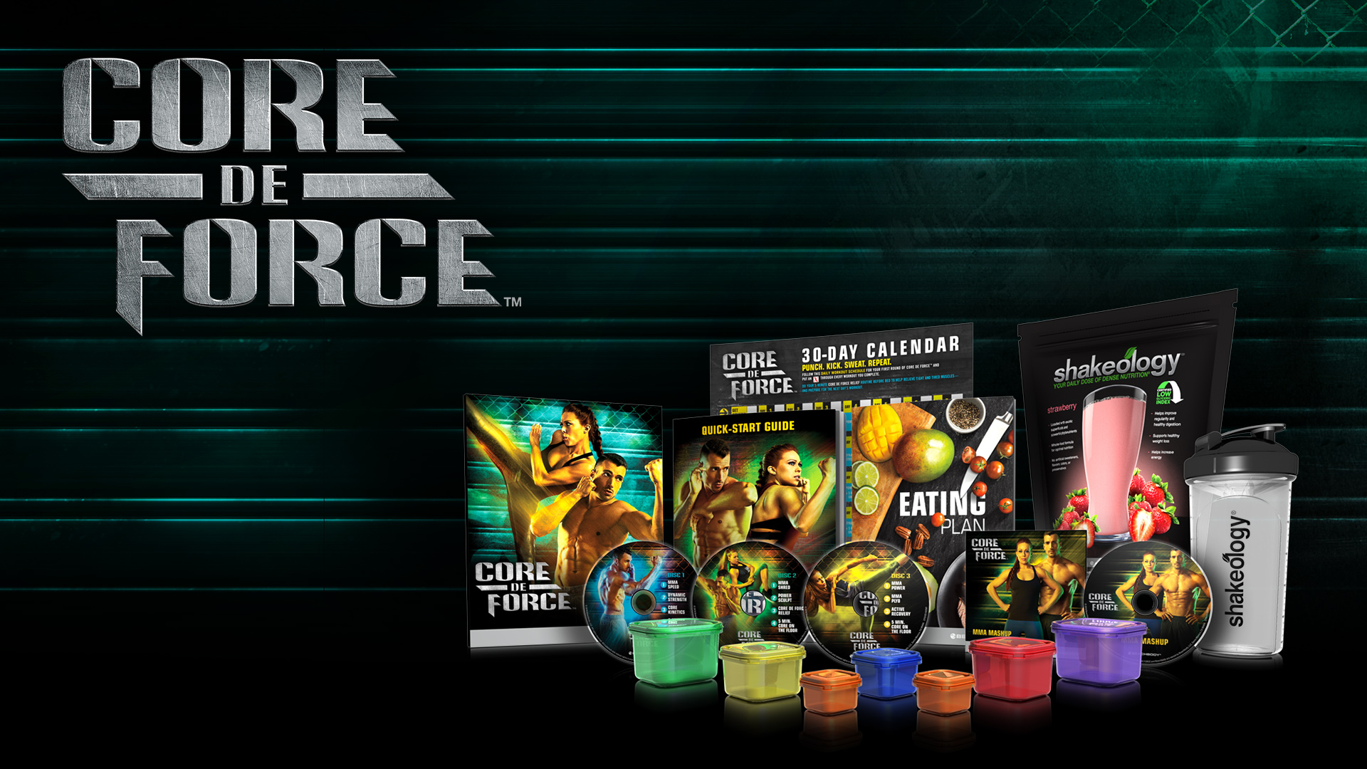 Core De Force will you the ultimate mixed martial arts (MMA)-inspired workout to help you get knockout results in just 30 days. Joel Freeman and Jericho McMatthews, who have extensive MMA experience, mix up moves from boxing, kickboxing, Muay Thai with body weight training and cardio conditioning that will help you shred belly fat. The workouts are broken into 3-min rounds. Included in the base kit: 8 workouts on 3 DVDs.