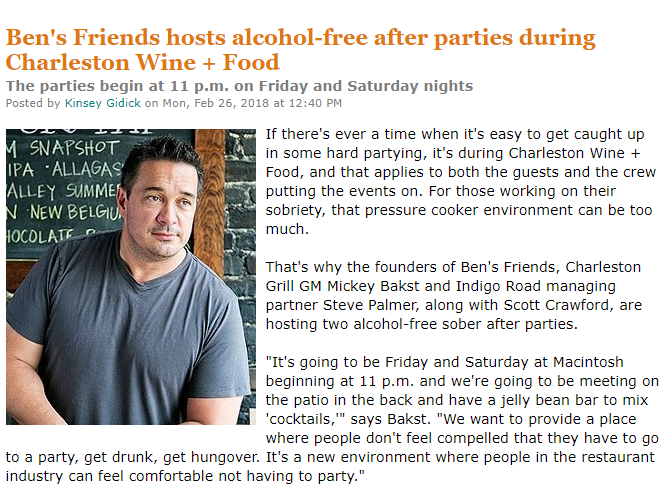Ben's Friends host alcohol-free after parties during Charleston Wine + Food
