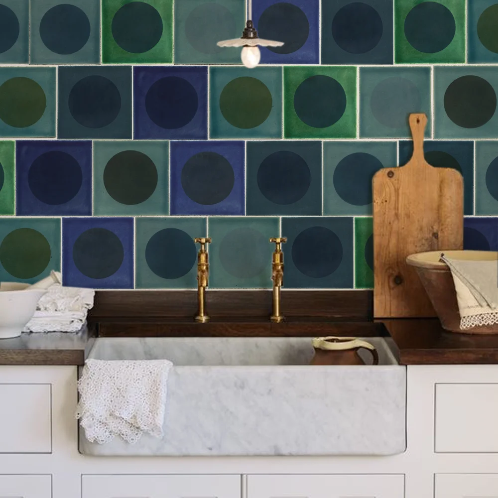 Luna | Mixed colour pallet | Art Deco design style and influence, Handmade Tiles, Designed by 3cubed, Iridescence qualities of lustre glazes