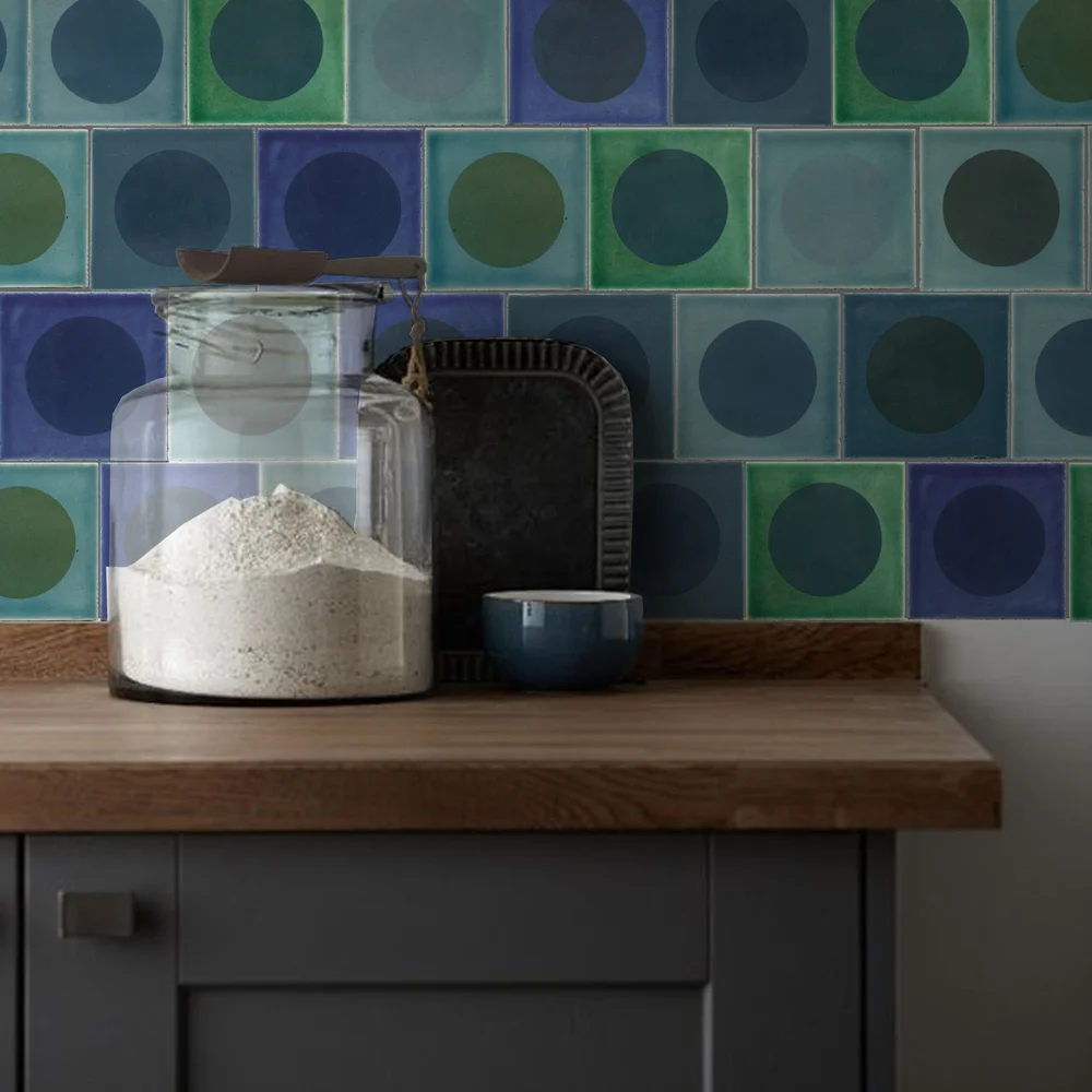 Luna| Mixed colour pallet | Art Deco design style and influence, Handmade Tiles, Designed by 3cubed, Iridescence qualities of lustre glazes