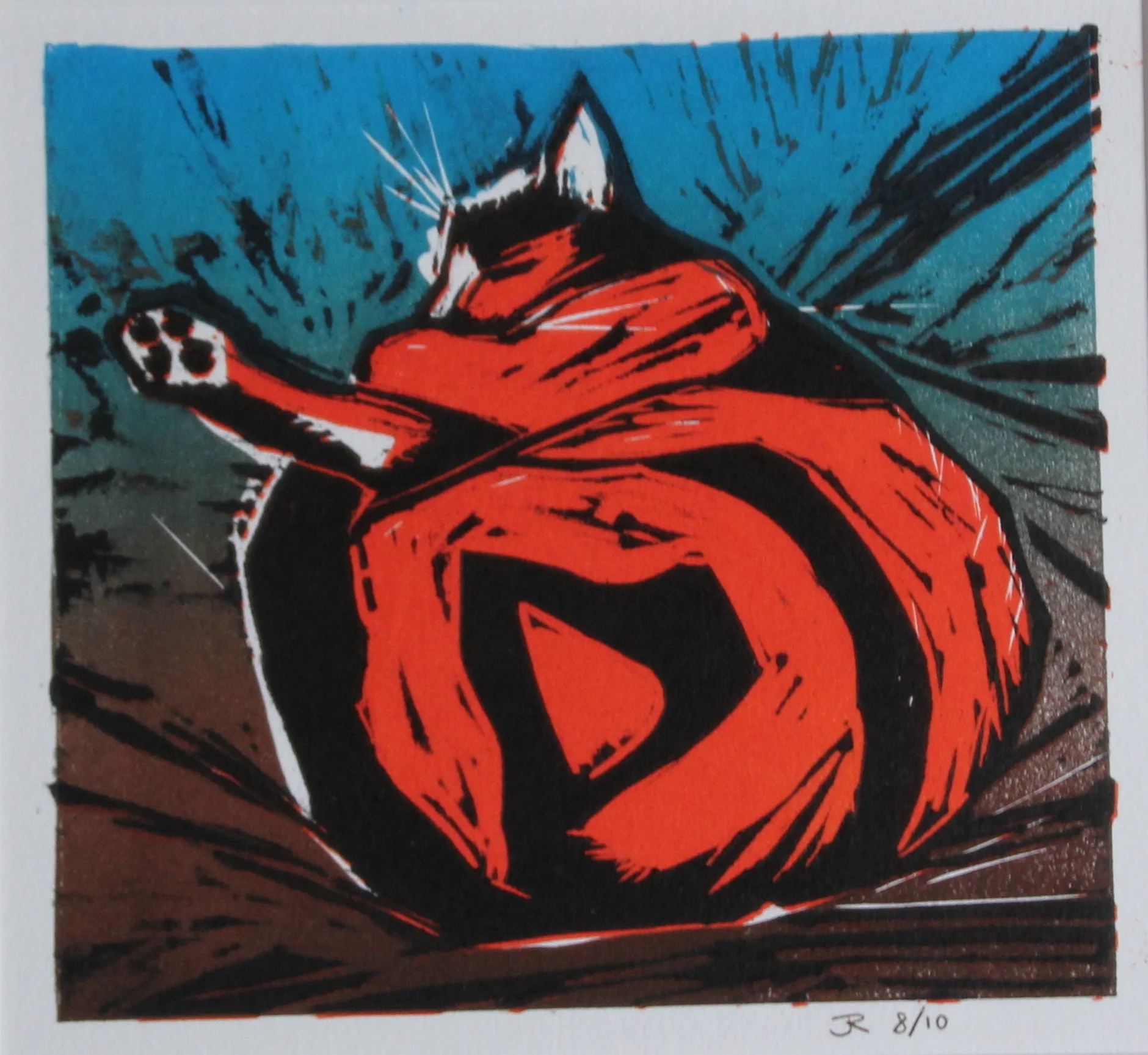 Curly Cat linocut