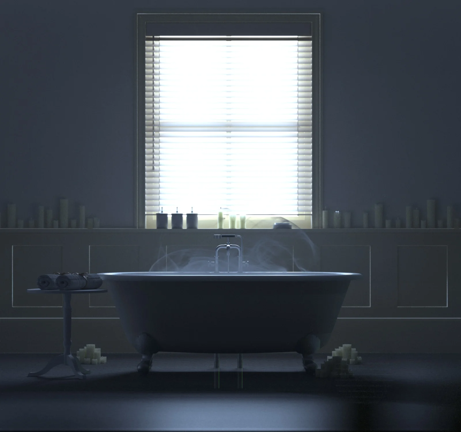 Atmospheric bathroom scene modeled in Sketchup and rendered with Indigo. Bath model credit: KQD