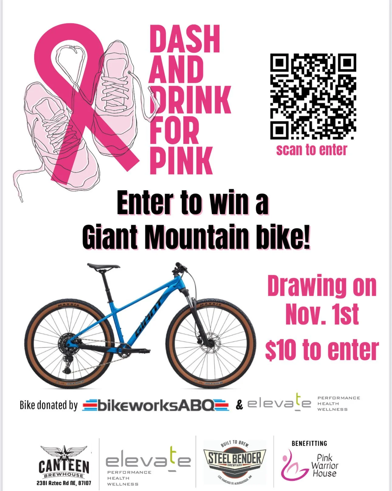 Still a few days left of #breastcancerawarenessmonth to join Steel Bender, Canteen, and Elevate PHW as we support the amazing #local organization, Pink Warrior House! ⁠
⁠
Thanks to our friends at Elevate PHW and Bikeworks ABQ, you have a chance to wi