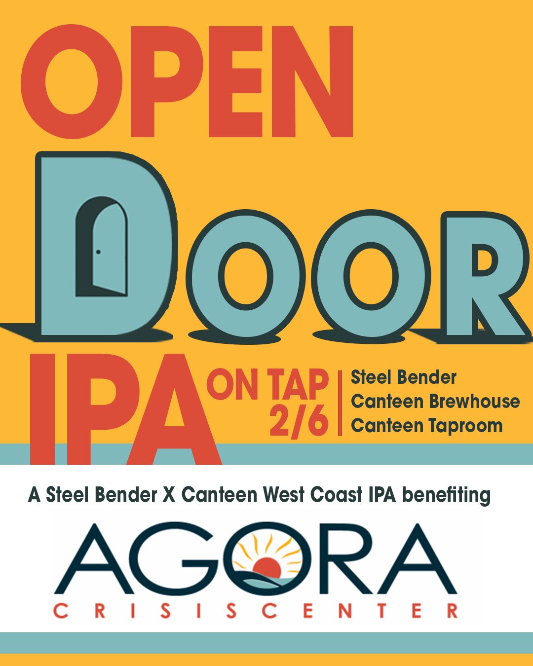 On tap Friday! 𝐎𝐩𝐞𝐧 𝐃𝐨𝐨𝐫 𝐈𝐏𝐀 &mdash; brewed with our friends at @canteenbrewhouse in support of mental health awareness and AGORA Crisis Center.⁠
⁠
This modern West Coast IPA is bursting with bright citrus, ripe mango, and resinous pine fr
