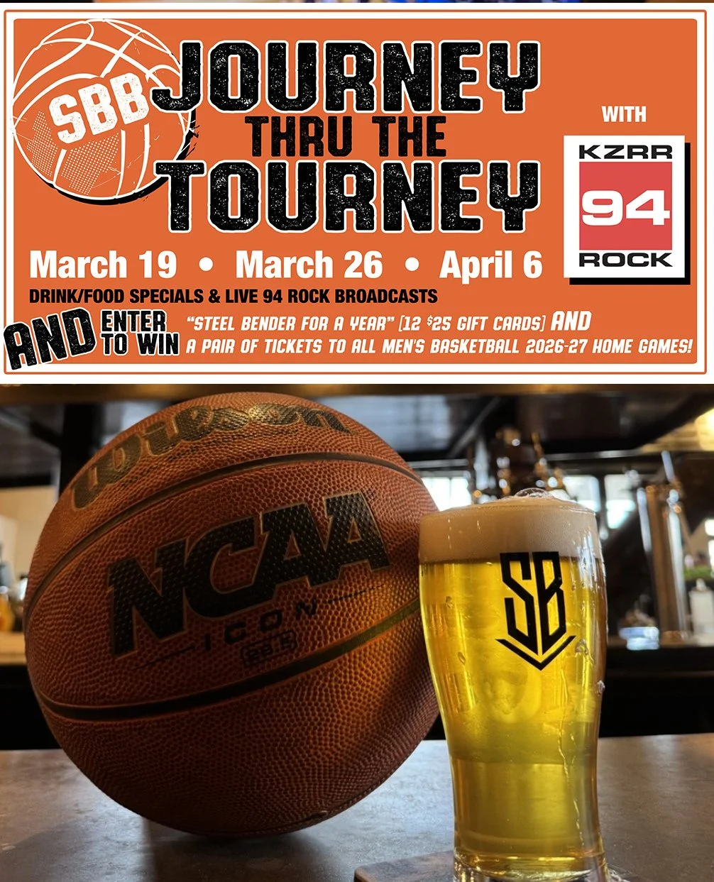 🏀 Steel Bender is the place to be for NCAA college basketball! 🏀⁠
⁠
Our friends at 94 Rock will be broadcasting live on Thursday, March 19 from 11 a.m.-1 p.m.⁠
And again on: ⁠
&bull; Thursday, March 26 ⁠
&bull; During the Championship Game on Monda