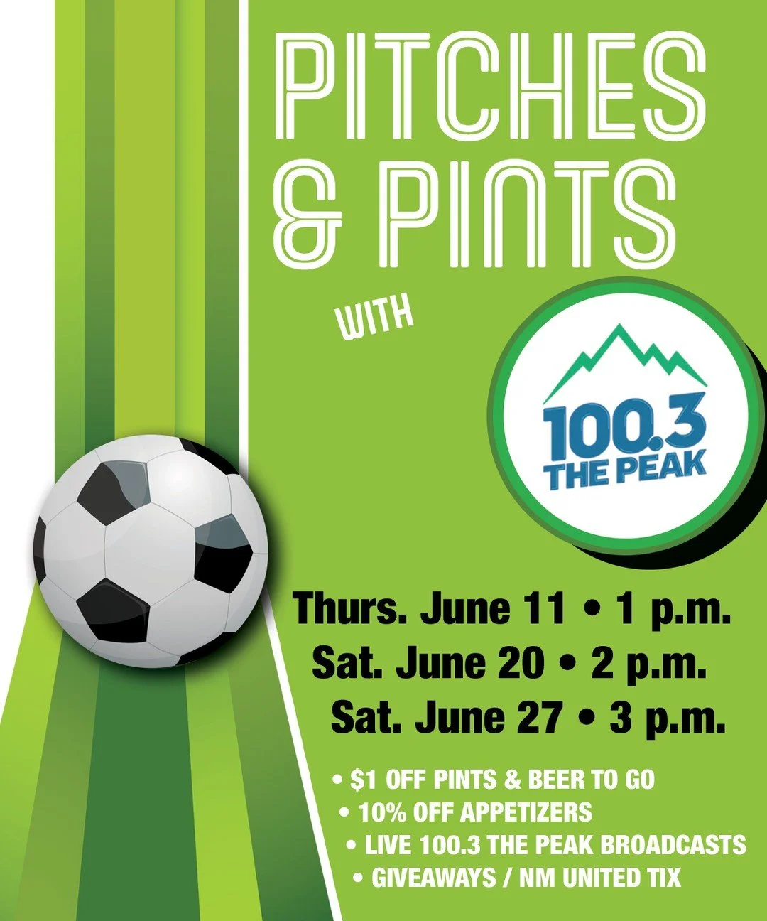 ⚽SB is the place to be for 𝗣𝗶𝘁𝗰𝗵𝗲𝘀 &amp; 𝗣𝗶𝗻𝘁𝘀 with 𝟭𝟬𝟬.𝟯 𝗧𝗛𝗘 𝗣𝗘𝗔𝗞! 🍻⁠
⁠
We're kicking things off on Thursday, June 11 at 1 p.m. for the Mexico vs. South Africa match AND the release of 𝗞𝗶𝗰𝗸𝗶𝗻𝗴 &amp; 𝗦𝗰𝗿𝗲𝗮𝗺𝗶𝗻𝗴 