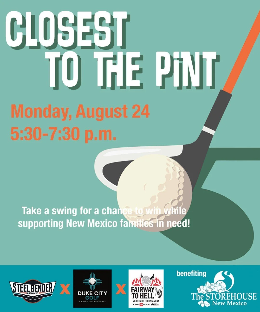 Think you've got the perfect golf swing? ⁠
⁠
Join Steel Bender Brewyard, Duke City Golf, and 94 ROCK for 𝐂𝐋𝐎𝐒𝐄𝐒𝐓 𝐓𝐎 𝐓𝐇𝐄 𝐏𝐈𝐍𝐓 benefiting Storehouse NM!⁠
⁠
🗓️ Monday, August 24⁠
⏰ 5:30-7:30 p.m.⁠
📍Steel Bender Brewyard - 8305 2nd St. 
