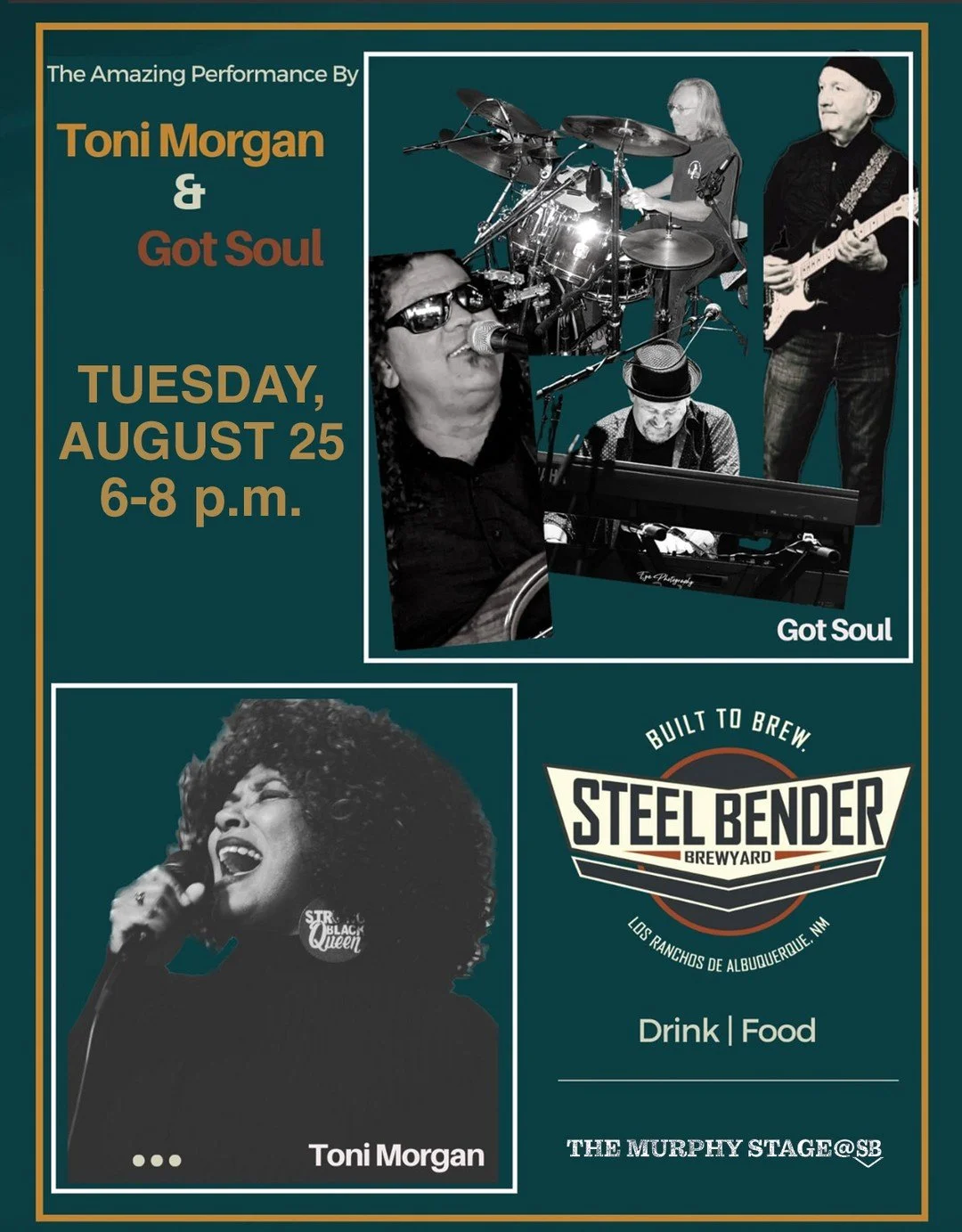MUSIC TUESDAY on The Murphy Stage at Steel Bender⁠
Toni MOrgan &amp; Got Soul⁠
8.25 // 6-8 p.m.⁠
⁠
Soul⁠
Jazz⁠
R&amp;B⁠
⁠
Tip the band, tip your servers, ⁠#listenlocal.⁠
⁠
#BuiltToBrew #TheMurphyStage #MusicToMyBeers