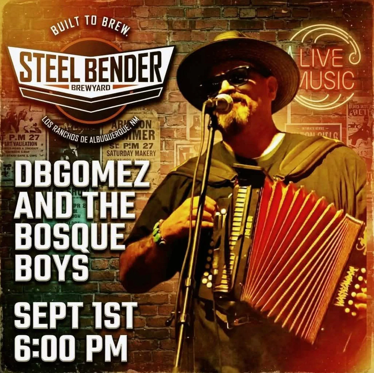 MUSIC TUESDAY on The Murphy Stage at Steel Bender⁠
DBGomez &amp; The Bosque Boys⁠
9.1 // 6-8 p.m.⁠
𝙲𝚊𝚓𝚞𝚗 𝙱𝚒𝚕𝚕𝚢 𝙿𝚘𝚕𝚔𝚊 𝙶𝚛𝚊𝚜𝚜⁠
𝙲𝚊𝚗𝚝𝚒𝚗𝚊 𝚂𝚝𝚢𝚕𝚎 𝚂𝚊𝚕𝚘𝚘𝚗 𝚃𝚞𝚗𝚎𝚜⁠
𝙾𝚕𝚍 𝚆𝚎𝚜𝚝 𝙽𝚎𝚠 𝚂𝚘𝚗𝚐𝚜⁠
𝚃𝚑𝚎 𝙱𝚊𝚗𝚍:⁠
𝙲