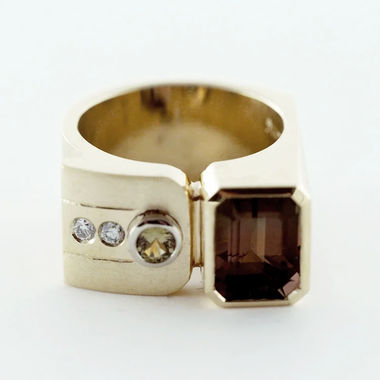 $7,500<br>14K Yellow Gold,<br>Watermelon Tourmaline<Br> Olive Green Sapphire<br> and Diamonds