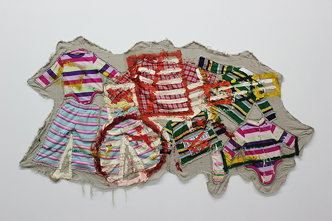  Mike Cloud,&nbsp; Geometric Quilt , Oil and linen on children's clothing, 2007 