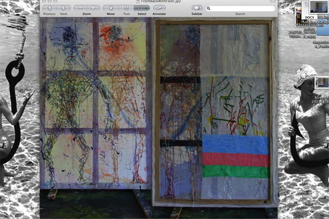  Dyeing, Merging, Multitasking, Digital collage with studio shots of front and back of Dona Nelson’s painting In Step, 2013, 90”x60” 