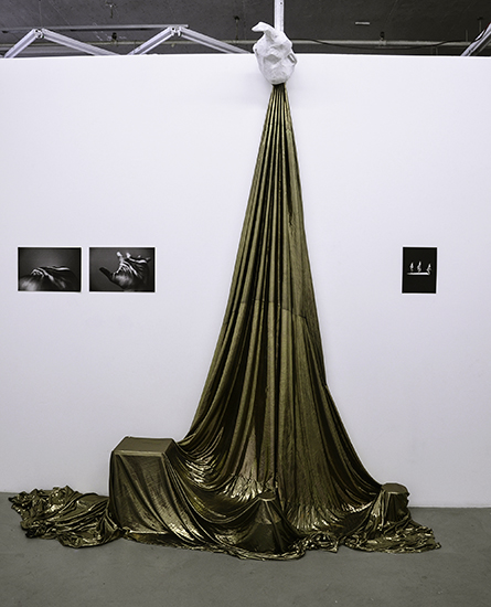  RACHEL MASON: artifacts from performance (Gold spandex, papier mache headpiece, 2 x 11x14" photographs, 8.5 x 11 collage) , 2014. 