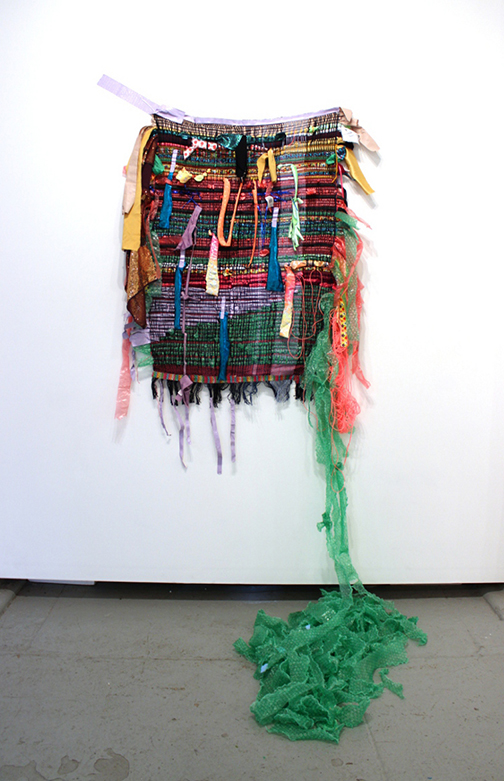  DENISE TREIZMAN: Weave Done It!, 2015, handmade woven textile using discarded materials (fabric, plastic, duct tape, others), 76 x 68 x 42 inches (or variable) 