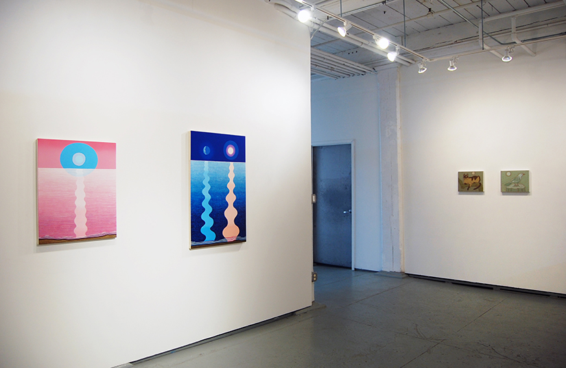  MATTHEW F. FISHER: The Rose of Nowhere, 2015, Acrylic on canvas, 28" x 22" (left), Night and Day, 2016, Acrylic on canvas, 40" x 25" (right); John Dilg (far right) 