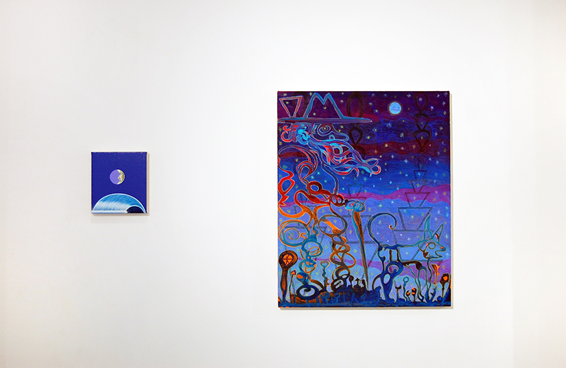  MATTHEW F. FISHER: New Moon, 2016, acrylic on canvas over panel. 8 3/4" x 8" (left) / JJ MANFORD: Twilight Wanderer, 2016, Acrylic, gouache, wax pastel on canvas over panel (right) 