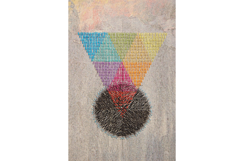  JONATHAN COWAN: Triangles Collapsing into a Void, 2015, Solvent transfer and cotton thread on canvas, 13" x 10" (detail) 