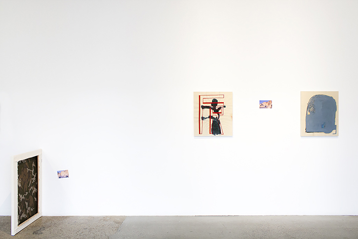  LUC FULLER: Untitled (Clock Painting), 2014. Julio Cortàzar image courtesy of © The Estate of Julio Cortàzar, 2014. EJ HAUSER: FR (red), 2014. EJ HAUSER: head (dk gray), 2013. 