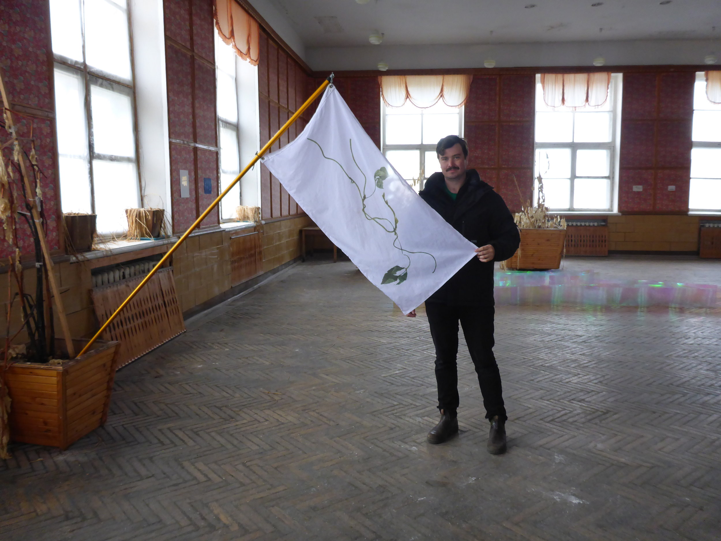  Stephan Jahanshahi, &nbsp;Printed nylon flag, aluminum pole, hardware,&nbsp;Pyramiden Canteen, Svalbard, Norway, July 2016 