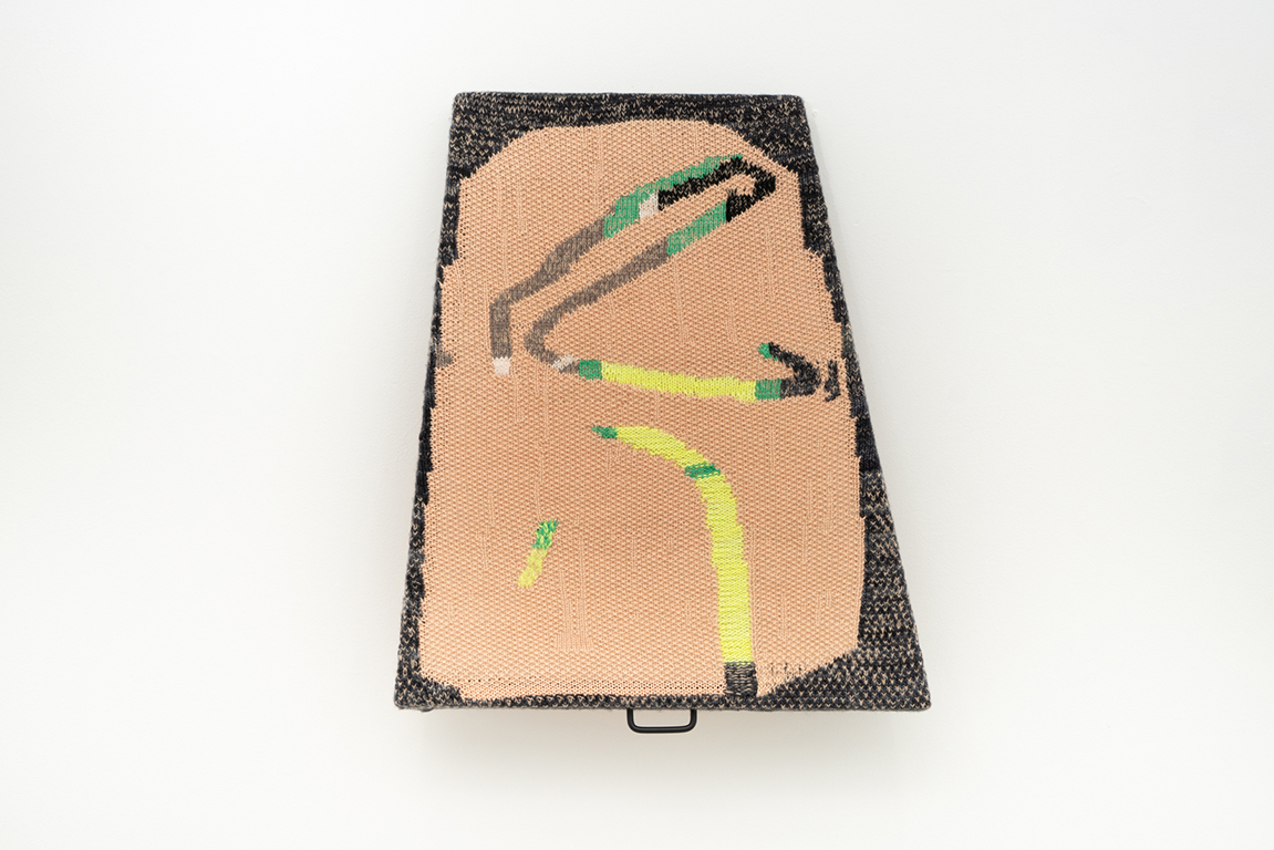  Familien Iglesias  Fun Without Skis or Dancing , 2017, Cotton and Wool, stretcher bars, tacks, hinge, handle, modeling clay 30 x 25 inches 