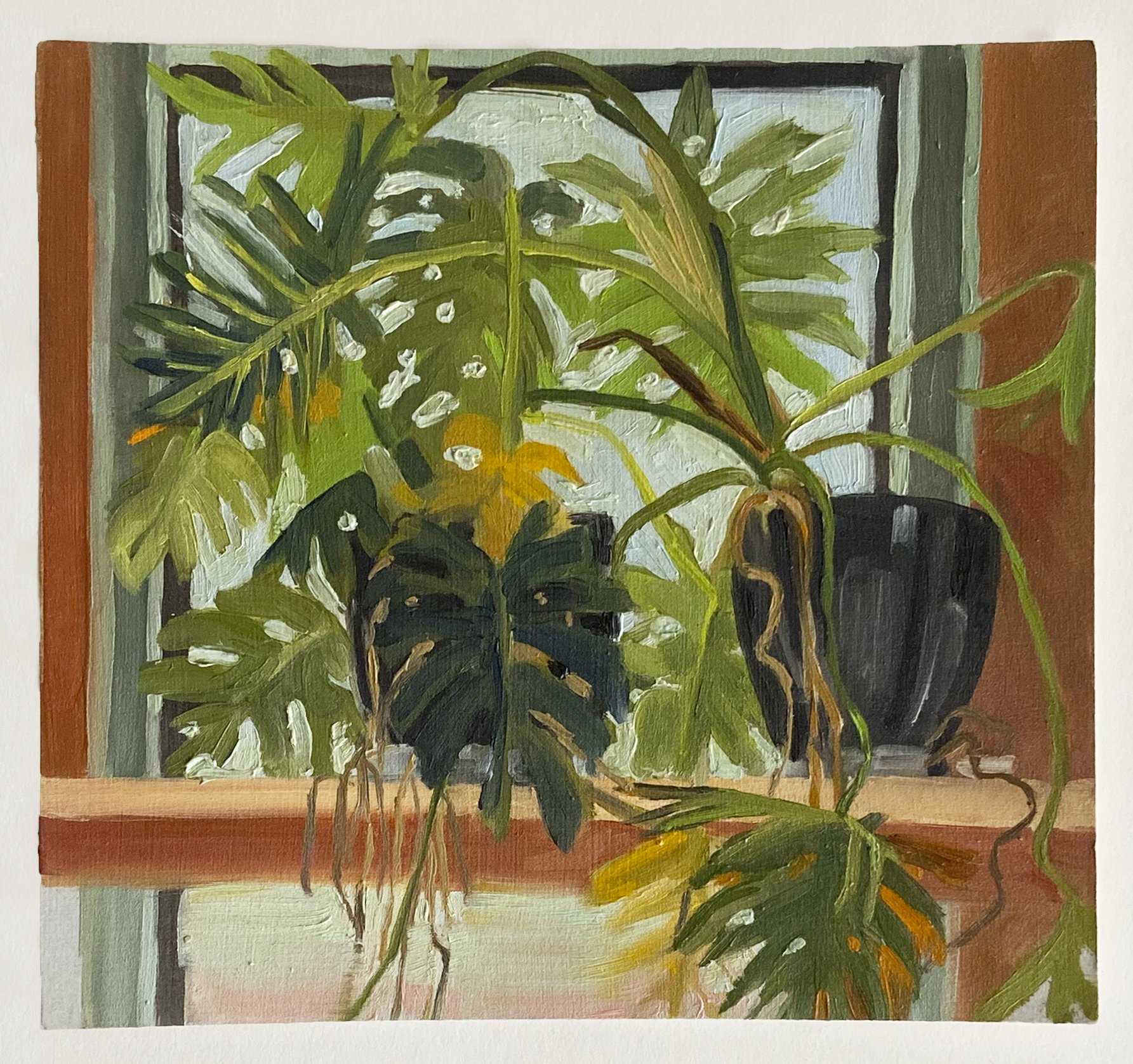   Kathleen Eastwood-Riaño ,  Colleen's Monstera , 2017, oil on board, 7 1/2 x 8 1/8” 