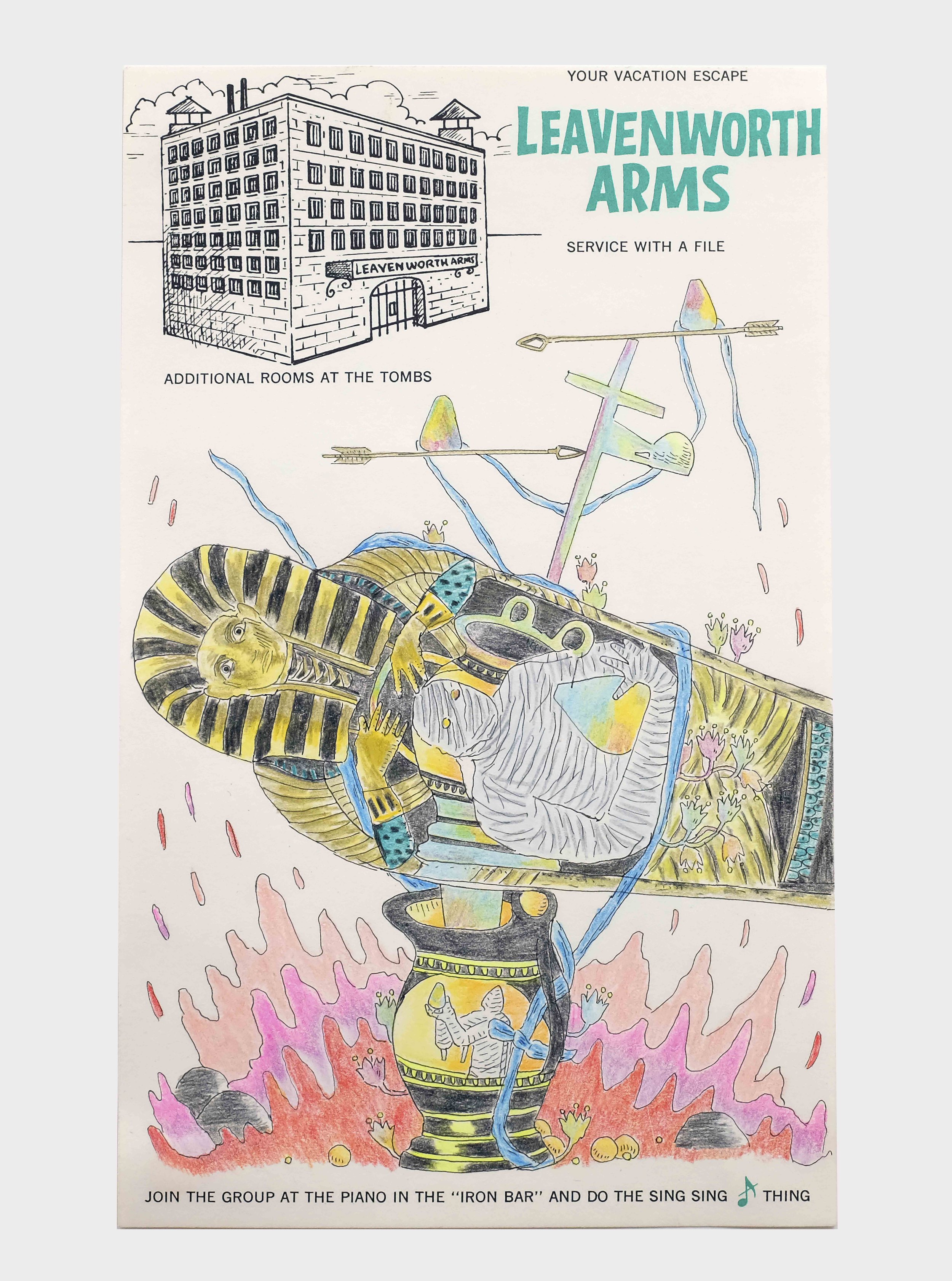   Joshua Drayzen ,  LEAVENWORTH ARMS , 2023, pen and color pencil on paper, 5 1/2 x 9 1/4” 