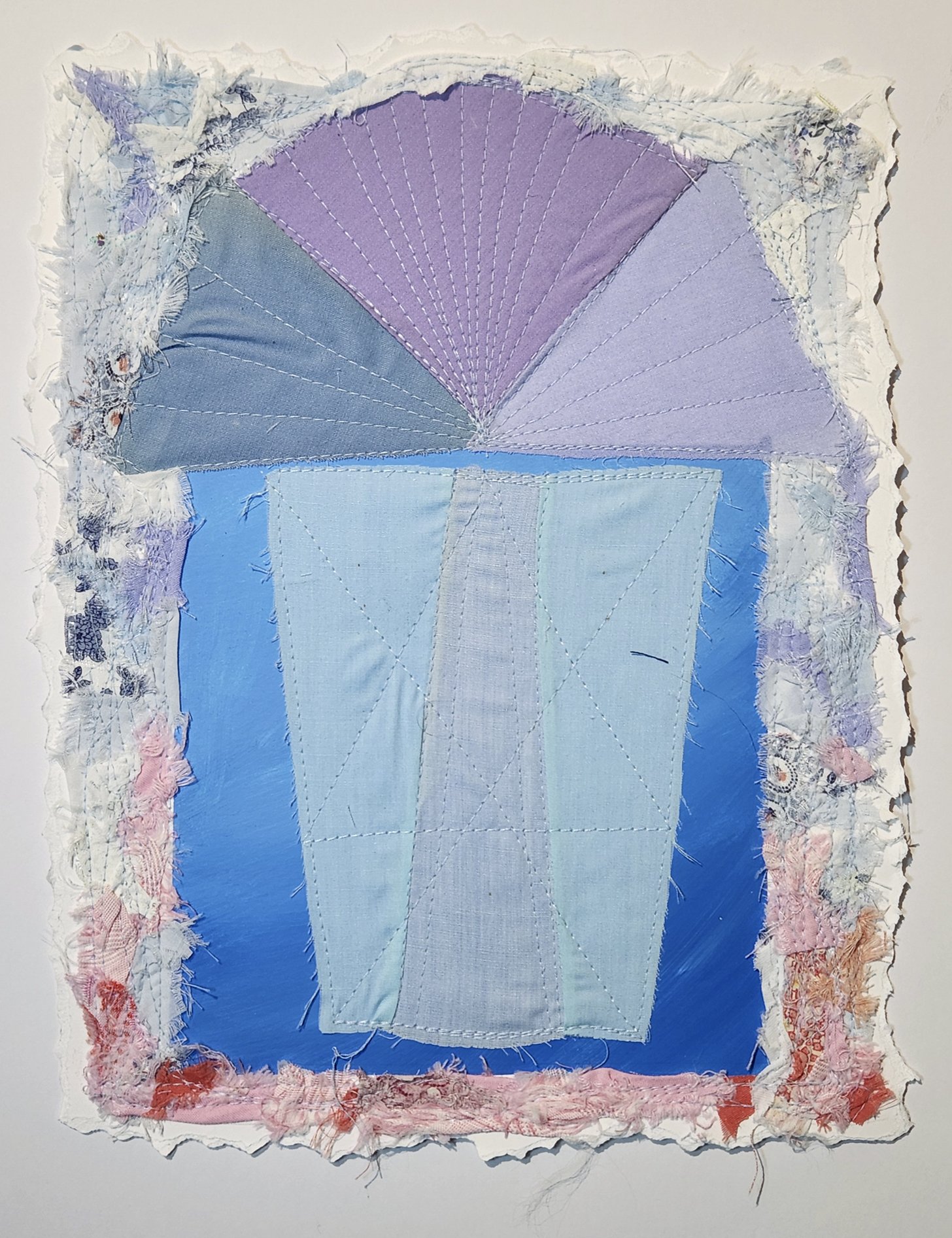   Bryan McGinnis ,  Blue / Pink Gradient , 2021, acrylic paint, blended fabric and mom's patterns, 9 1/2 x 12 1/2” 