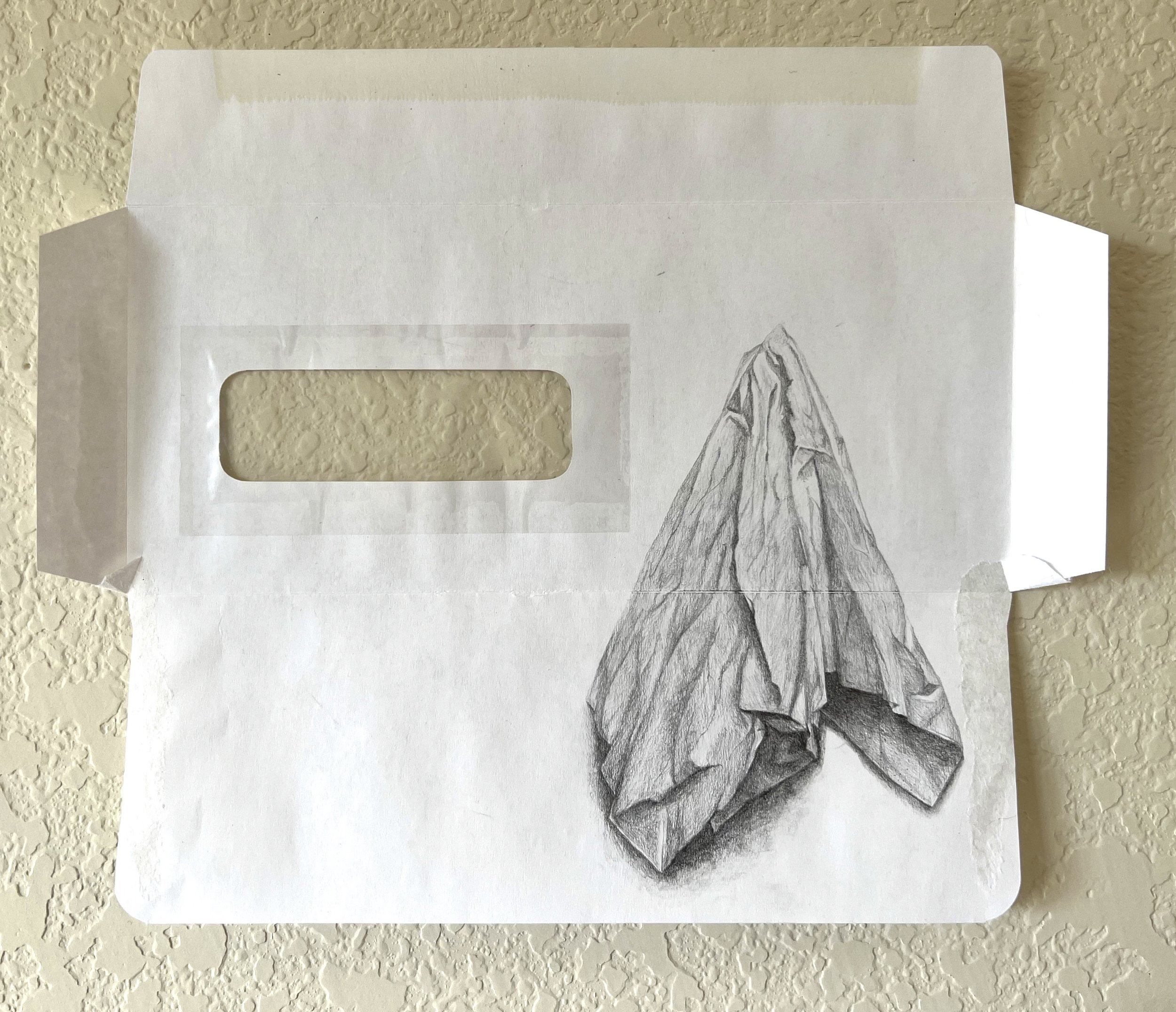   Clara Nulty ,  Crumpled, Creased , January 2022, graphite on envelope, 8 1/2 x 10 1/2" 