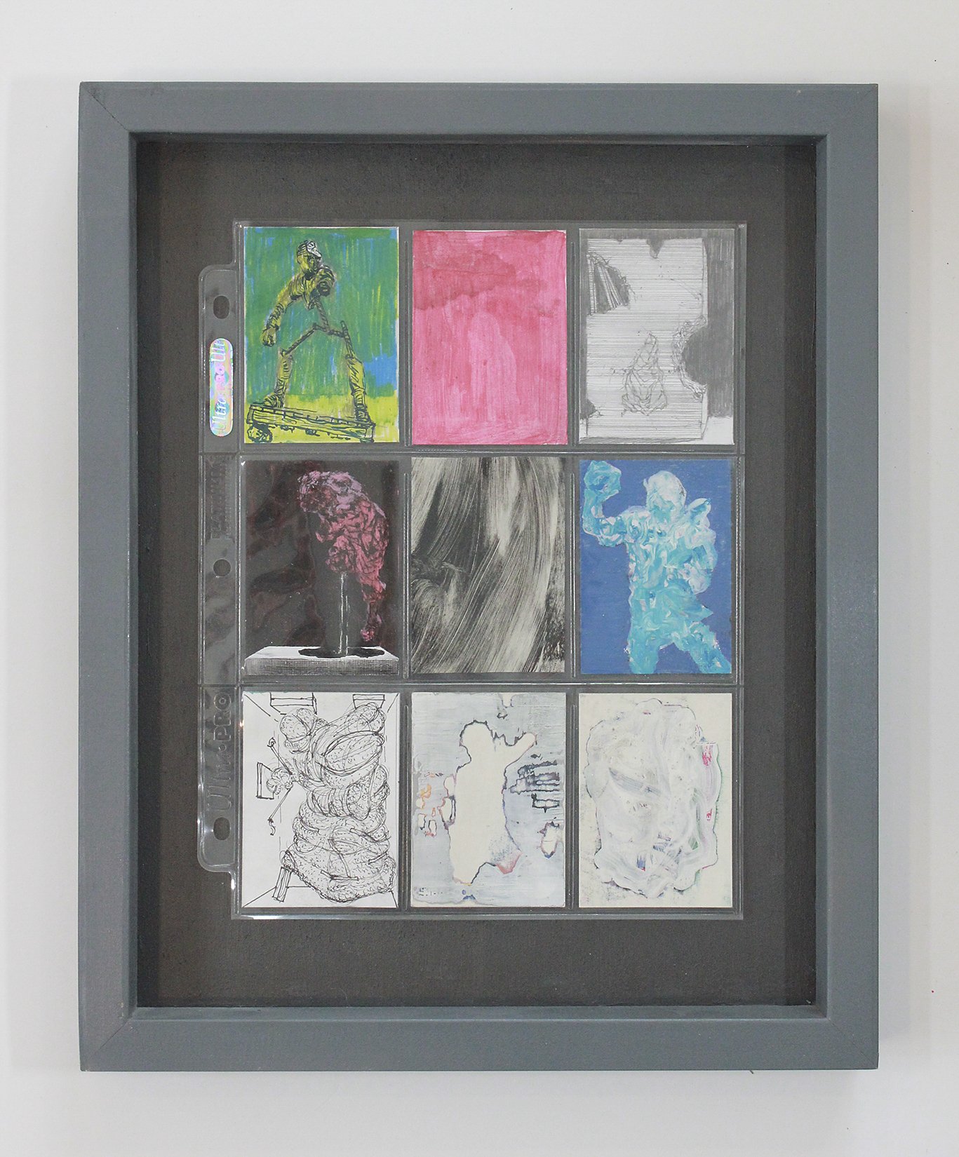   Norm Paris ,  Card Group VII (Set of 9) , 2018-2021, card stock, found offset litho, acrylic paint, ink, graphite, plastic (framed), 12 7/8 x 15 7/8” 