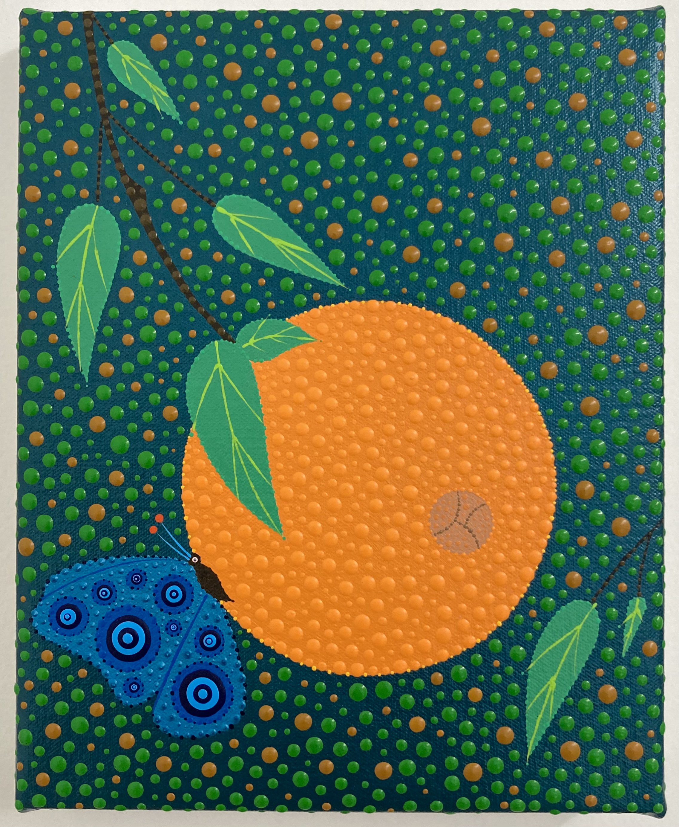   Eric Hibit ,  Orange with Blue Butterfly , 2023, acrylic on canvas over panel, 8 x 10" 