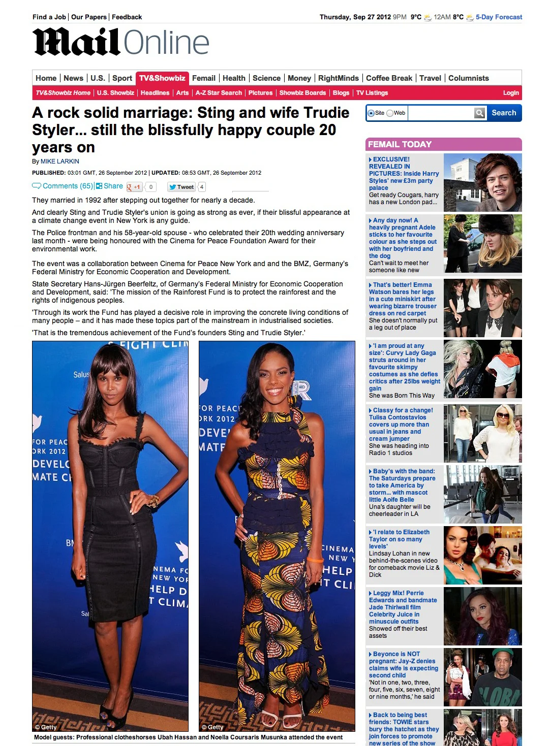 The Cinema for Peace Gala made the trans-atlantic press, as shown here in UK newspaper the Mail Online.
