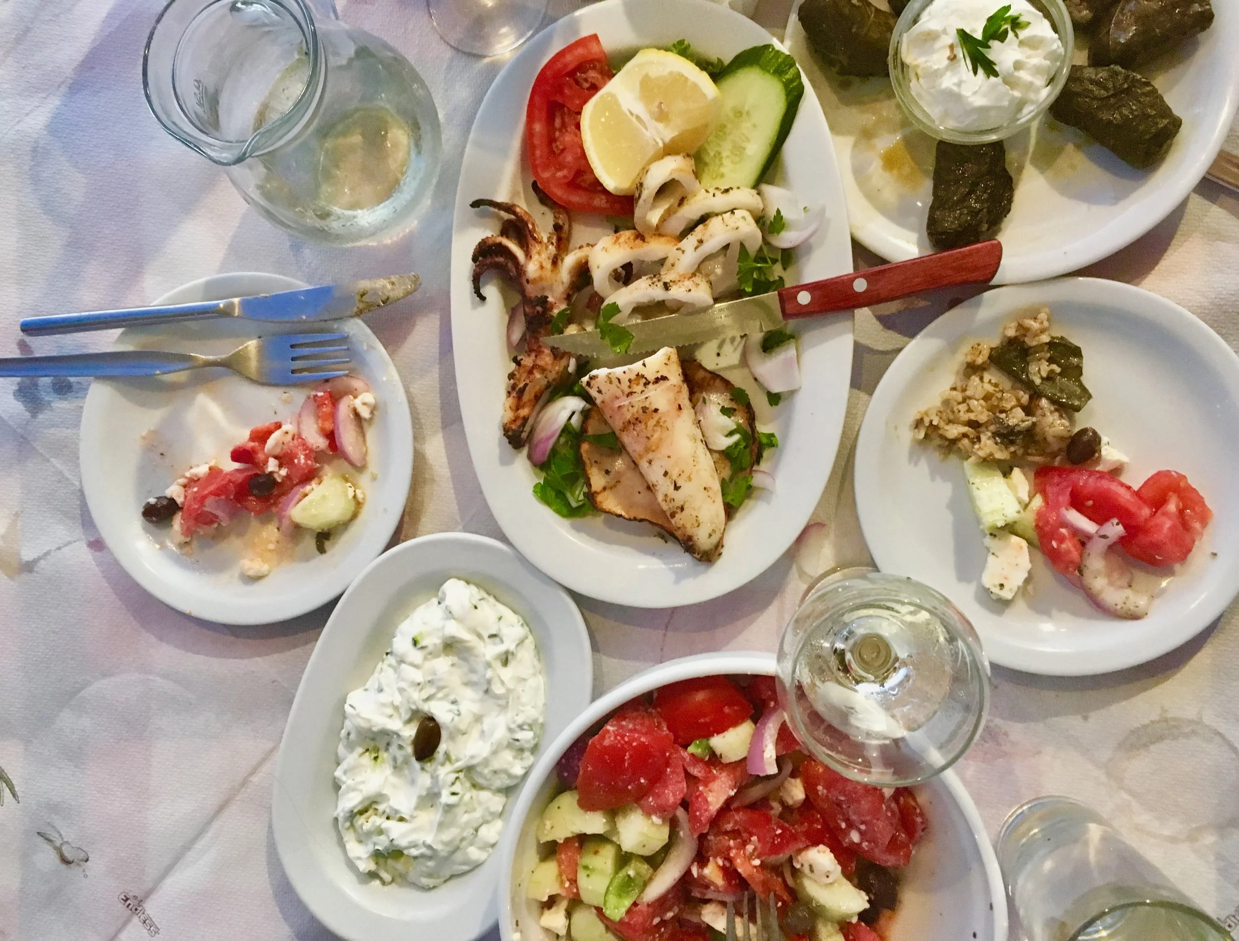 Fried Calamari and Greek Salad paired with Cretan white wine.
