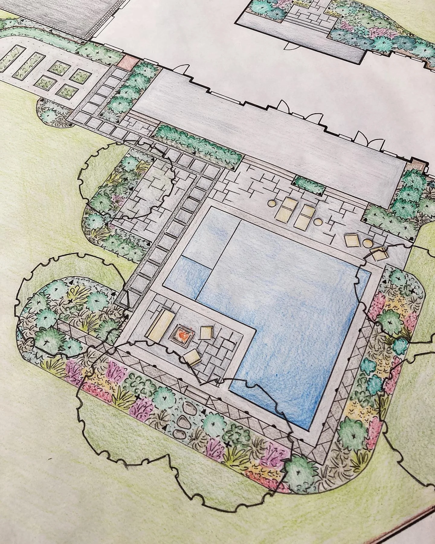 Working on wrapping up another design today! Such a fun design, various pool area patios for lounging, cooking, fire pit. Seat height stone wall framing the pool, veggie garden, and lots of fun planting beds, can’t wait to move into the build!
