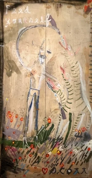 Feed Yourself.  17x33" mixed media on wood. 