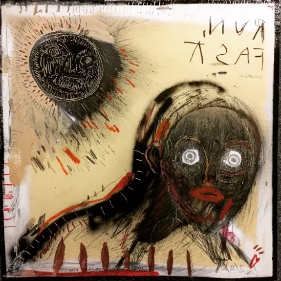 Run, Fast.   25x25" mixed media on wood. 