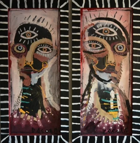 A Conversation.  2 wood panels - 20x42" each