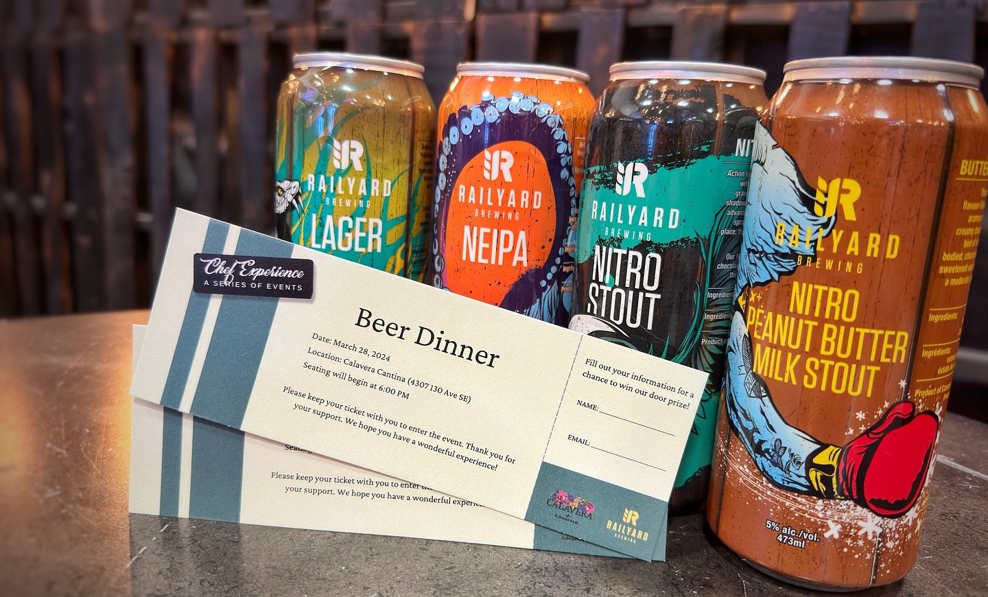 🎟️BEER DINNER TICKET GIVEAWAY🎟️

Railyard Brewing is SO EXCITED to take part in the Chef Experience Beer Dinner at Calavera Cantina on Thursday March 28th 

You&rsquo;ll experience a culinary journey as you enjoy 4 custom courses, paired with our a