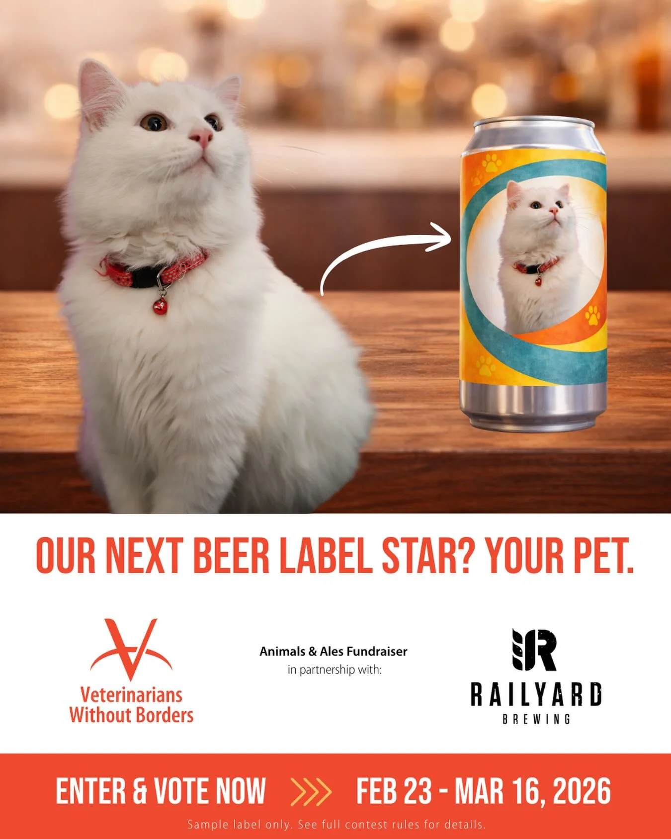 We are in the home stretch of our pet photo fundraiser here at Railyard Brewing! 🍻 
Join us in the last 3 days to support Animals and Ales with Veterinarians Without Borders. 
Starting at 5pm today (March 14), for 48 hours you can double your votes!