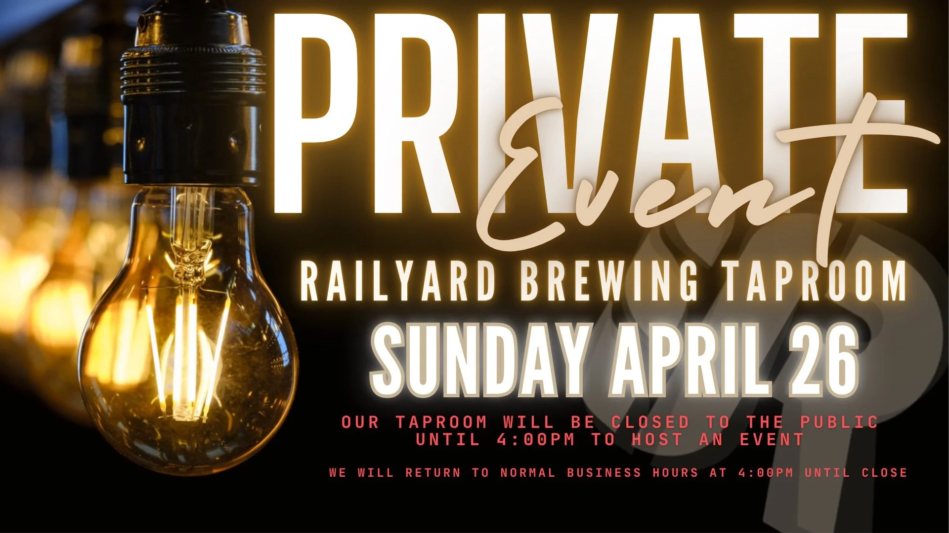 🚨 𝗣𝗥𝗜𝗩𝗔𝗧𝗘 𝗘𝗩𝗘𝗡𝗧 𝗧𝗢𝗗𝗔𝗬 🚨

Heads up! Our taproom will be closed to the public 𝗨𝗡𝗧𝗜𝗟 𝟰:𝟬𝟬𝗣𝗠 𝗧𝗢𝗗𝗔𝗬 to host a private event.

𝗪𝗘 𝗪𝗜𝗟𝗟 𝗕𝗘 𝗕𝗔𝗖𝗞 to regular hours same day, just opening at 𝟰:𝟬𝟬𝗣𝗠, 𝗮𝗻𝗱 𝗰𝗹