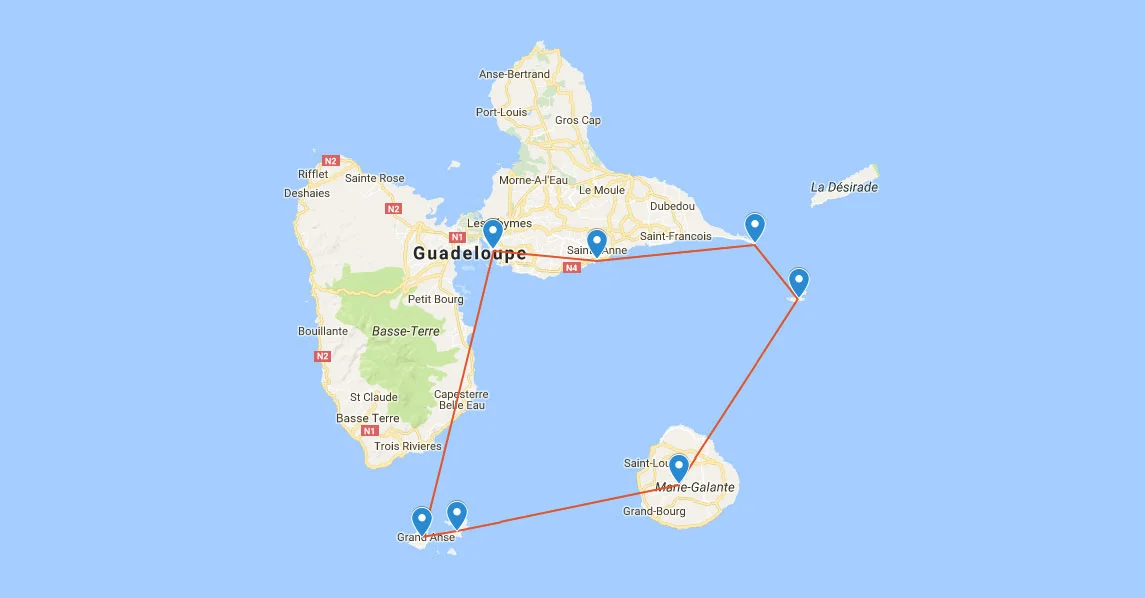 Guadeloupe is part of the Leeward Islands, but stands out from the crowd because of its butterfly shape. The eastern wing, Grand-Terre, features Pointe-à-Pitre, the island’s biggest city and is considered to be the very heart of Caribbean French Creole culture. The western wing, called Basse-Terre, is less developed & dominated by a national park. A narrow channel called the Salt River separates the two halves of the island.