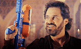 I couldn't find any images from My Best Friend so here's an image of Dennis Miller with a Super Soaker from Bordello of Blood
