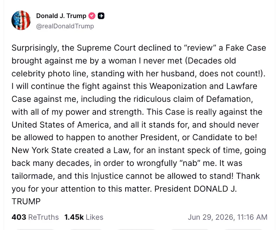 Trump is Delusionally Positing the Supreme Court Declining to Hear His Appeal in E. Jean Carroll's Successful Sexual Assault and Defamation Lawsuit as an Assault on the Foundations of Democracy