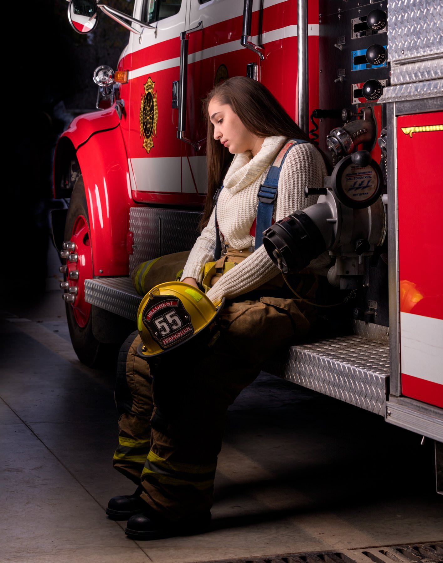 Olivia is a high school senior this year and a firefighter in the Hillcrest Fire Company. We shot this image as part of her senior shoot. It is actually 5 images put together, shooting on a tripod and then lighting different parts of the truck and b…