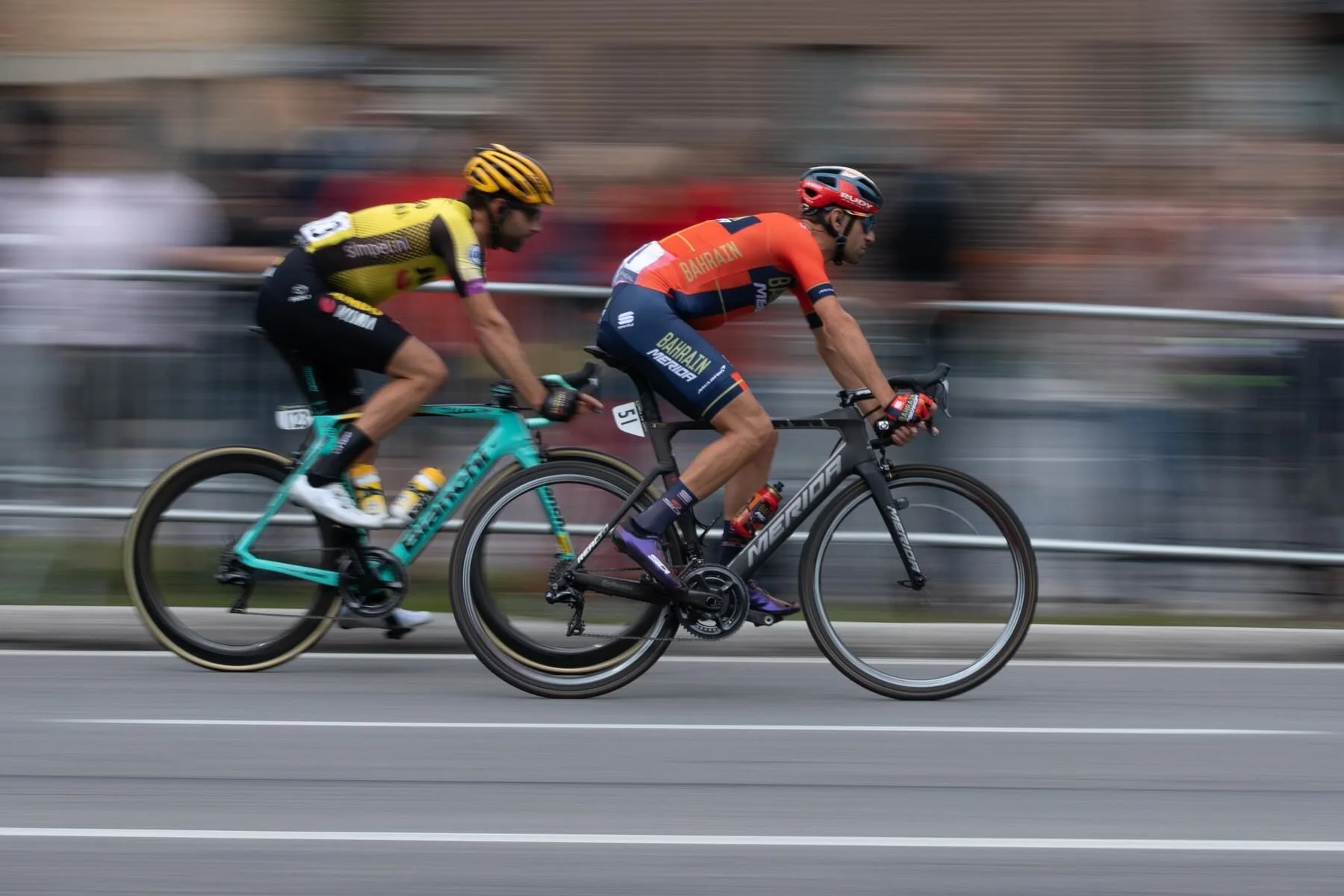 Vincenzo Nibali cruises past in the Grand Prix Cycliste de Montréal. He was doing about 30 miles per hour so I ran a slow shutter and tracked with him to get the motion blur in the wheels and the background. (Canon 5D Mk IV, 70-200 2.8L, 1/50 sec at…
