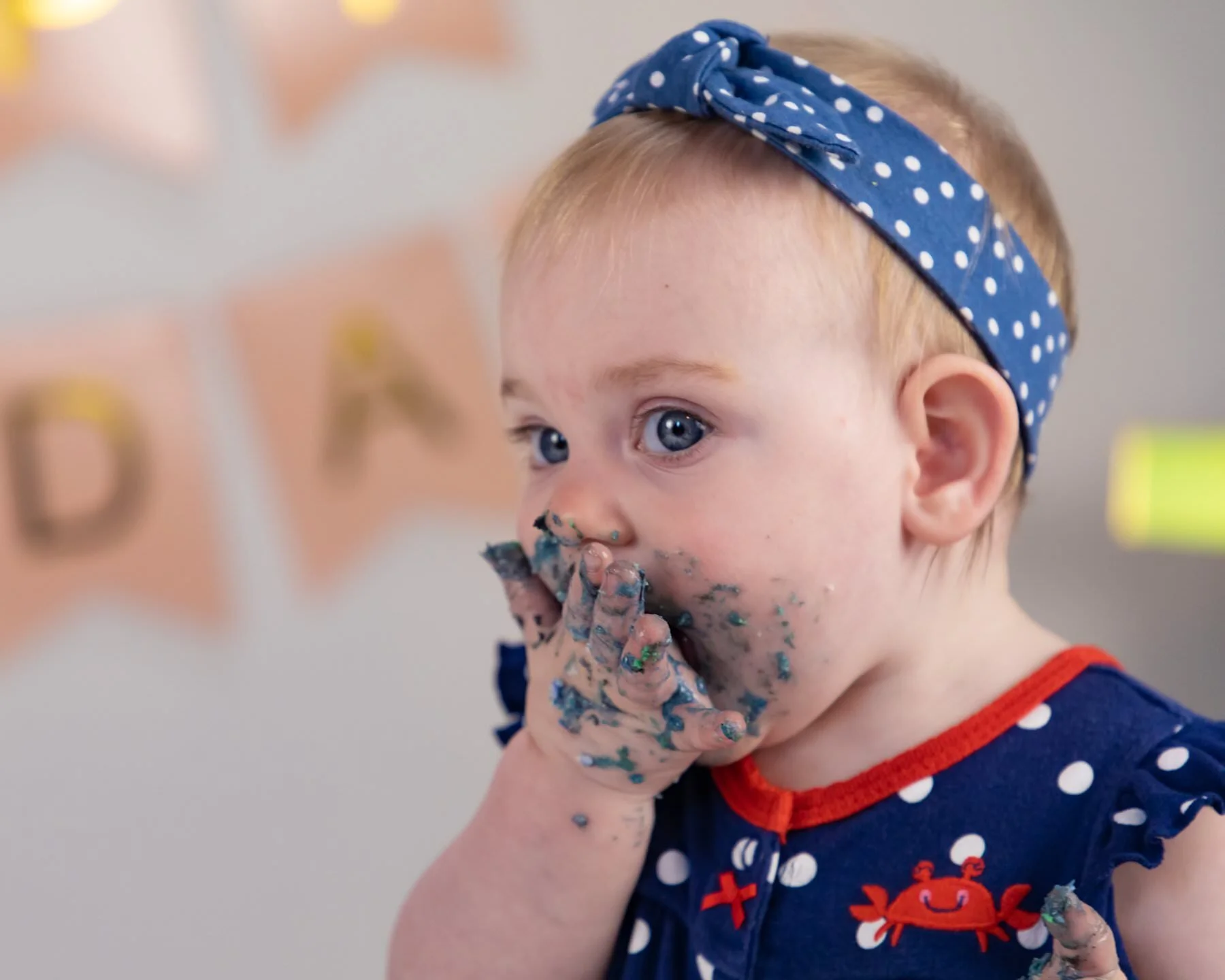 One year old mid cake-smash in studio. Cake smashes are so much fun to do, the cleanup… not as much fun but worth it for a shot like this. (Canon 5D Mk IV, 24-105 4L, 1/200 sec at F / 4.0, ISO 800 at 105 mm, lit with the modeling lights from four Or…