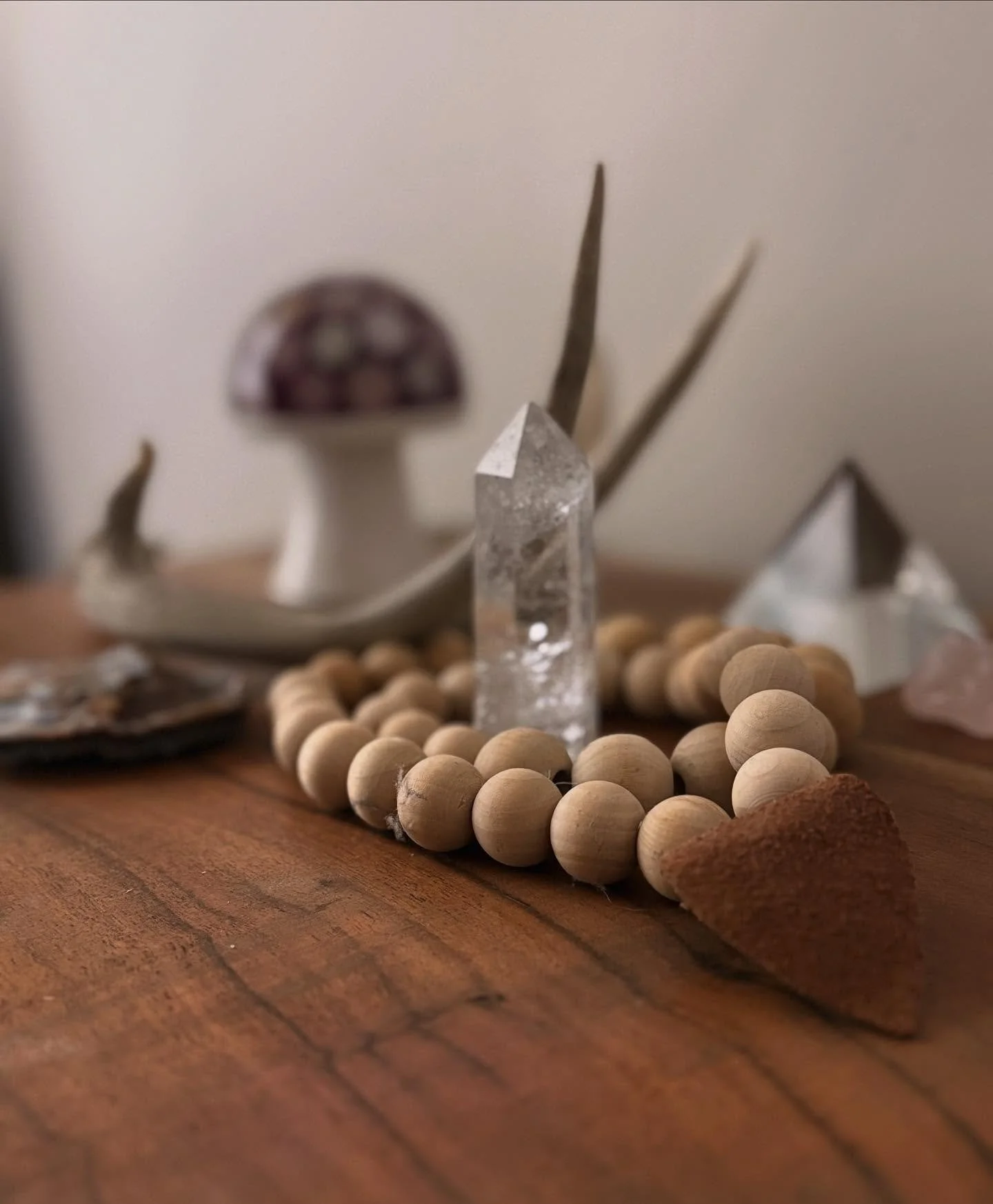 Wood + leather beads with stones and other accoutrements

#woodbeads #crystals #stones #witchyvibes