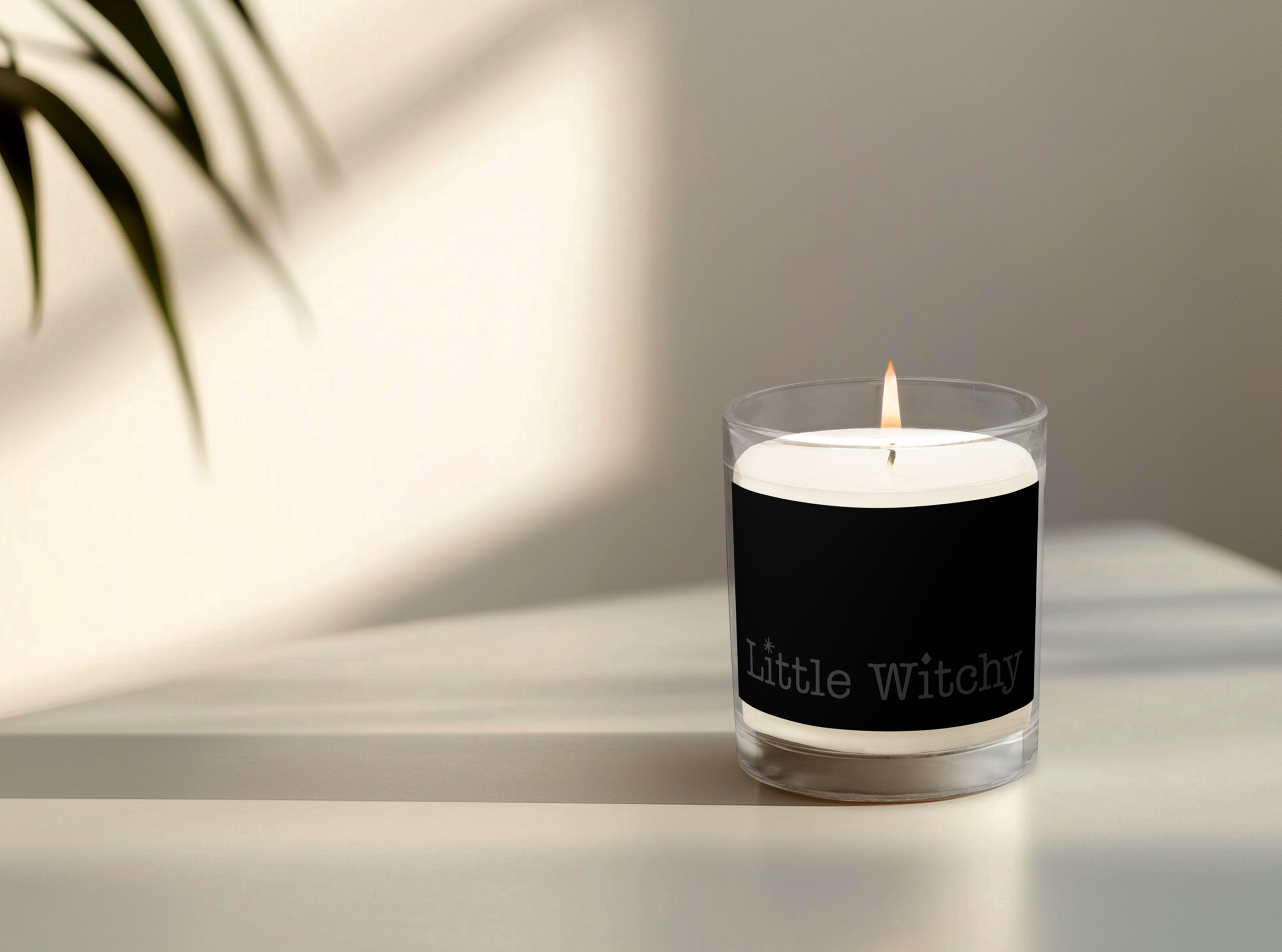 Little Witchy candle on table, very minimal