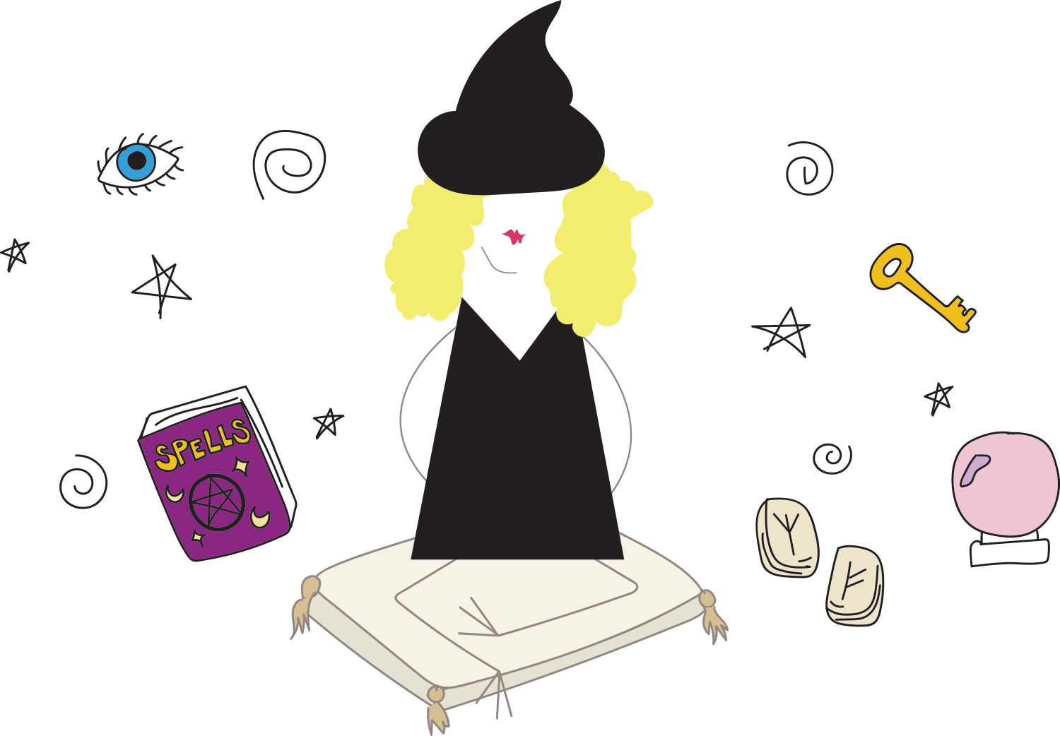 Little Witchy sitting cross-legged on a cushion with floating evil eye, book of spells, key, runes and crystal ball