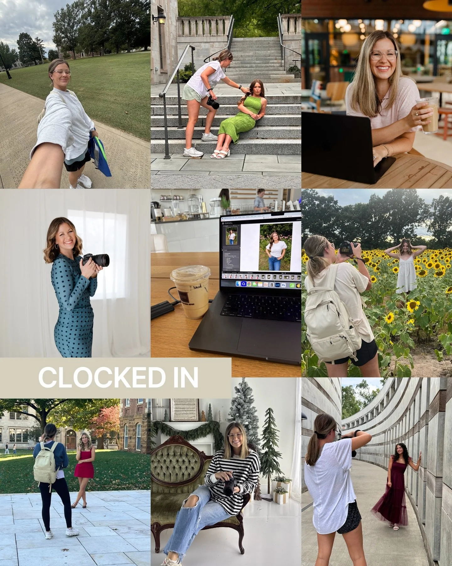 Clocked in: photoshoots on the reg, coffee shop days editing, too much makeup at branding shoots, a million miles walked on Old Main, changing tent with me forever, and so on. 📸👟☀️💻🎒

Clocked out: my familyyyy, yummy coffee (always), barre class,